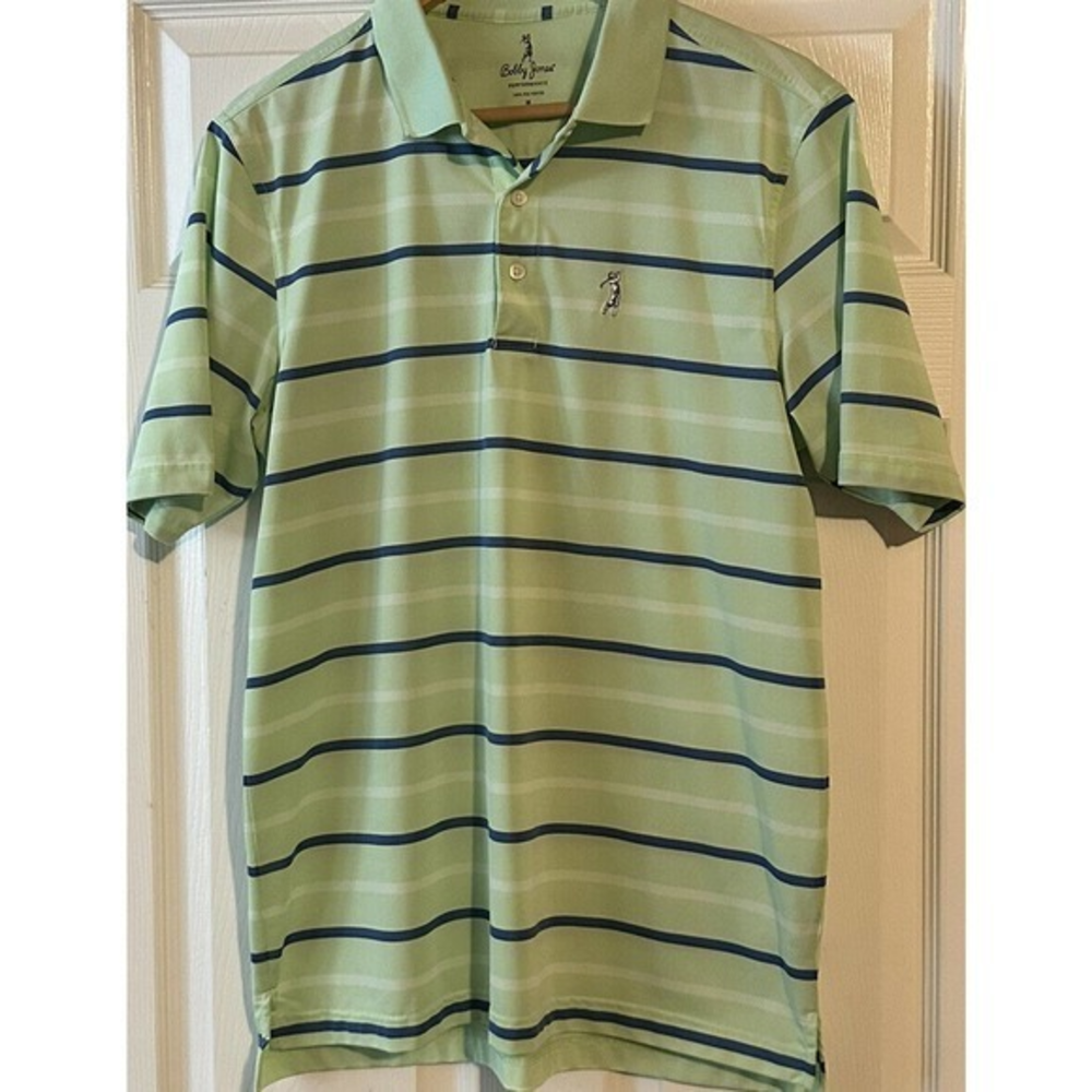 Bobby Jones Performance Golf Polo sz M green with blue stripes - Picture 1 of 3